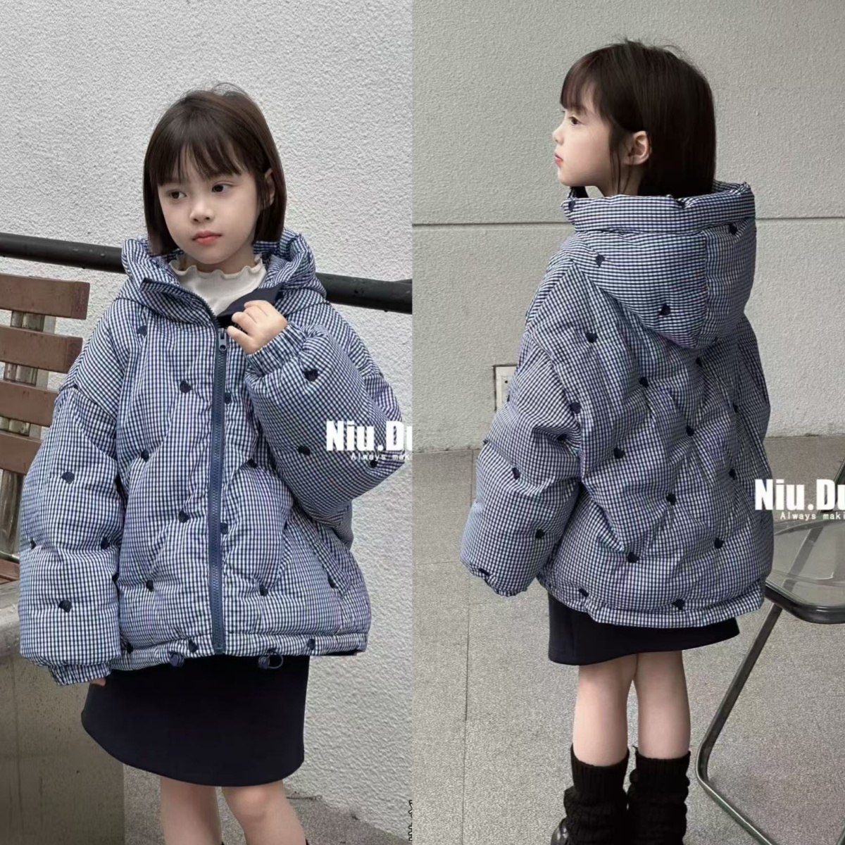品牌童装女童冬装格子连帽羽绒服