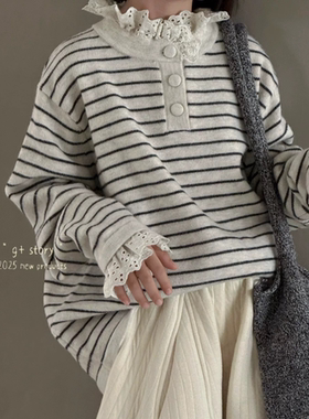 G＋童装2025冬季韩系女童花边立领毛衣绵羊毛混纺条纹针织衫52853