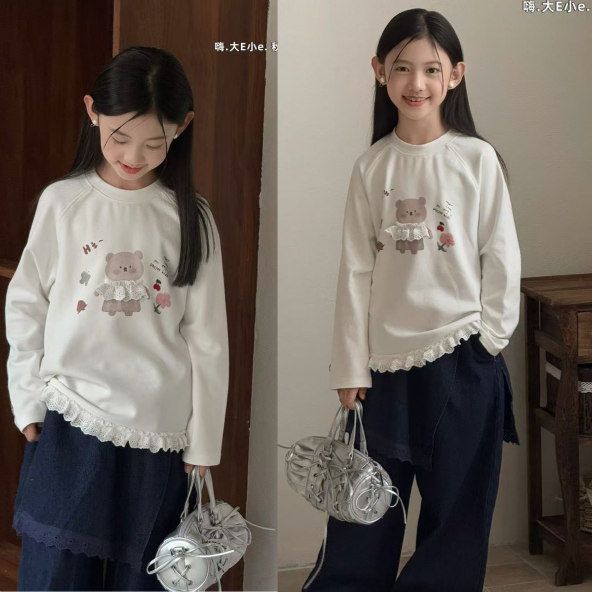 品牌女童装卡通蕾丝花边长袖T恤