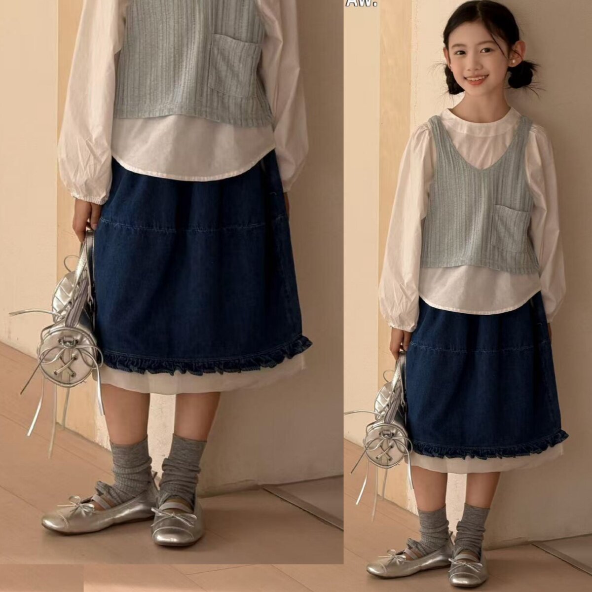 嗨大E小E2026春新款女童洋气花边带口袋休闲牛仔裙中大童26031