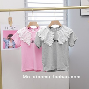 女童蕾丝领拼接休闲半袖 新款 上衣26021 T恤夏季 嗨大E小E短袖