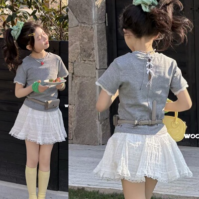 wooso女童夏季韩系花边短袖T恤