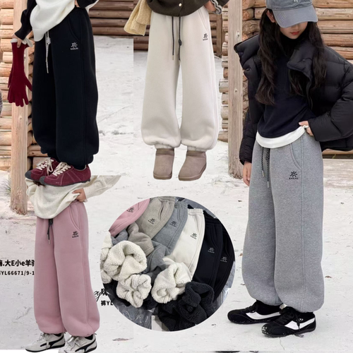 品牌童装羊驼绒纯色刺绣束脚卫裤