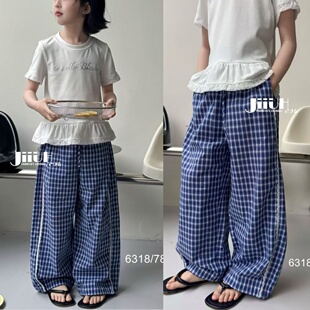 韩系花边直筒裤 己又合童装 2026夏款 女童薄款 6318 中大童格子休闲裤