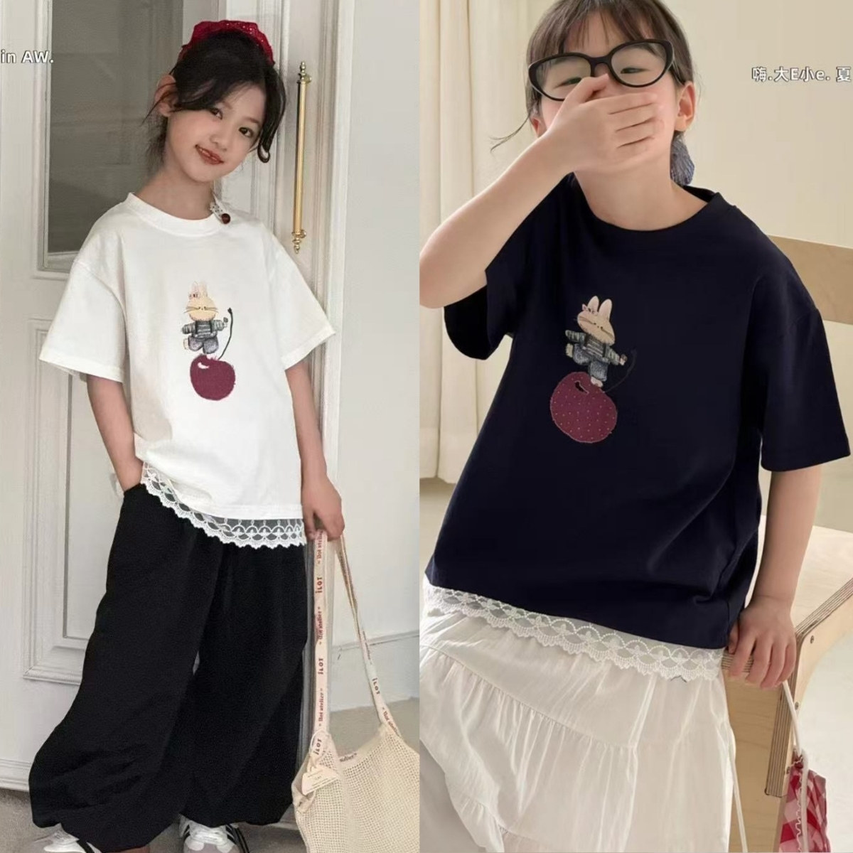 大E小e女童装蕾丝边卡通兔子短袖图片