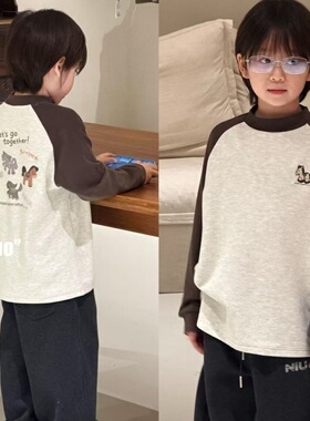 牛哆哆童装2025冬新款男女中大童磨毛小马刺绣插肩袖暖身T恤55611