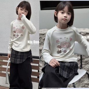 牛哆哆童装2025冬装新款女童卡通蕾丝暖暖绒发热绒T恤打底衫65092