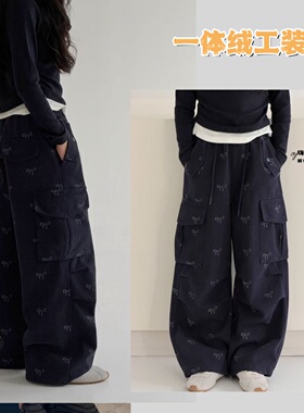 嗨大E小E2025冬款女童蝴蝶结碎花一体绒工装裤可束口中大童66632