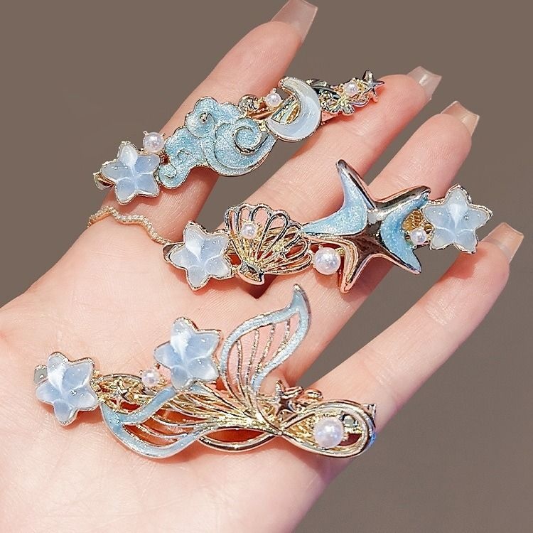 秋冬清新梦幻蓝鱼尾彩釉珍珠鸭嘴夹前额侧边夹刘海夹碎发夹子高级