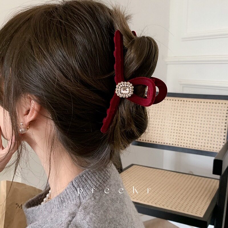新年款秋冬水钻绒面抓夹复古高级后脑勺丸子头本命年红色大号抓夹