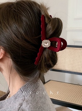 新年款秋冬水钻绒面抓夹复古高级后脑勺丸子头本命年红色大号抓夹