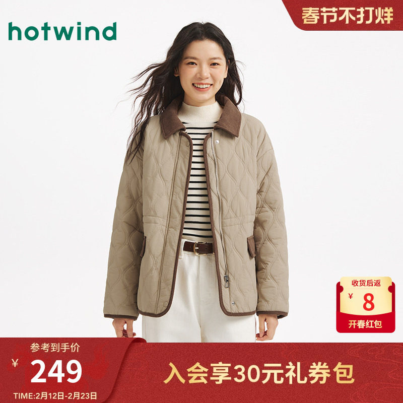 热风女士翻领棉服2025年冬季新款复古美拉德棉服夹克外套上衣