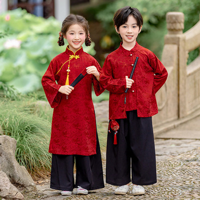 儿童国风汉服套装学生唐装合唱表演服新中式男女童春秋红色演出服
