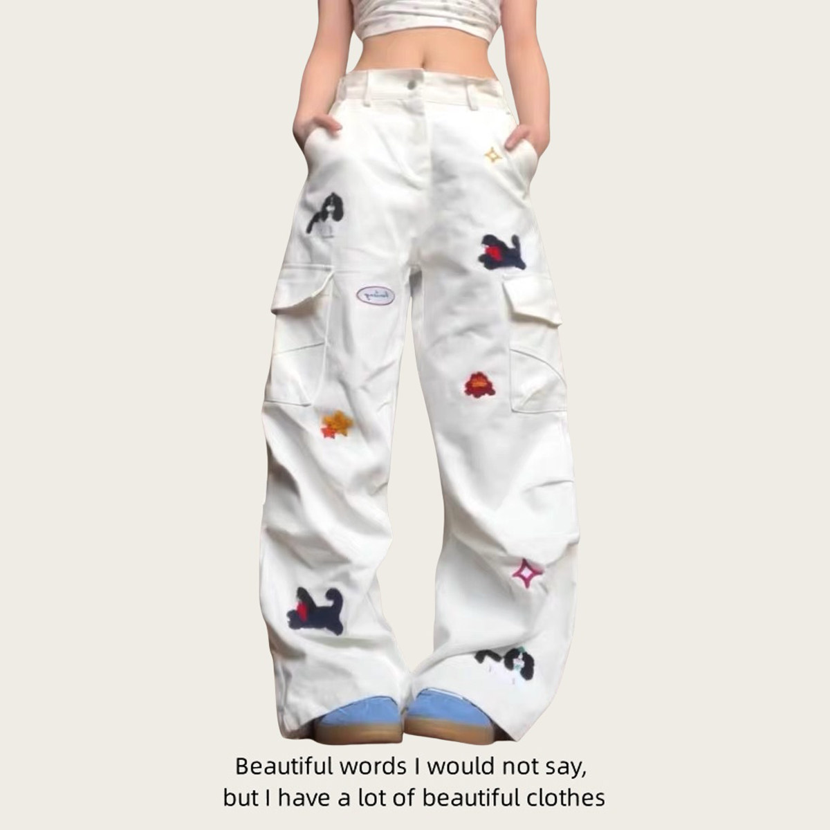 美式复古卡通刺绣小狗工装牛仔裤女夏季高街设计感直筒宽松阔腿裤,女装/女士精品,牛仔裤,淘宝优惠券,粉丝福利购,淘宝优惠卷