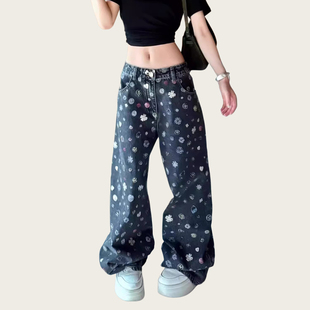 2026新款 美式 复古涂鸦山茶花满印牛仔裤 女夏季 直筒宽松显瘦阔腿裤