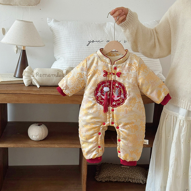 婴幼儿拜年服冬装宝宝中国风加绒加厚双鸟连体衣满月百天周岁礼服