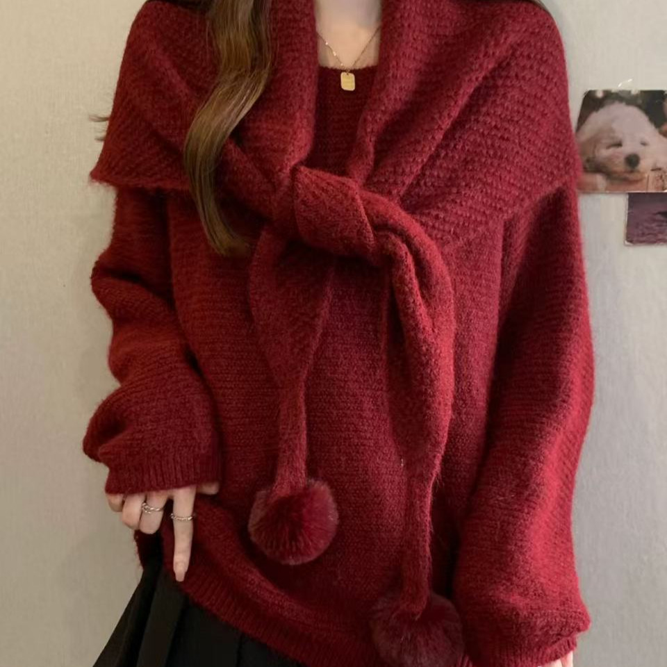秋冬季新款软糯大袖子温柔慵懒风节日氛围感圆领毛衣女宽松针织衫,女装/女士精品,毛衣,淘宝优惠券,粉丝福利购,淘宝优惠卷