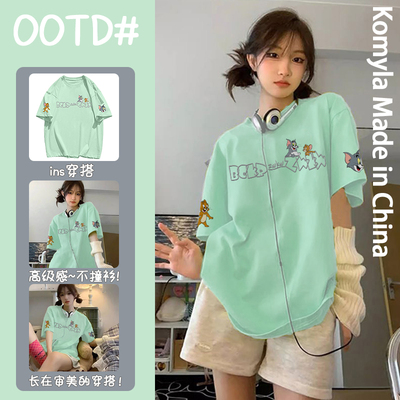 设计感卡通个性猫和老鼠印花原宿夏季重磅纯棉薄荷绿短袖T恤上衣