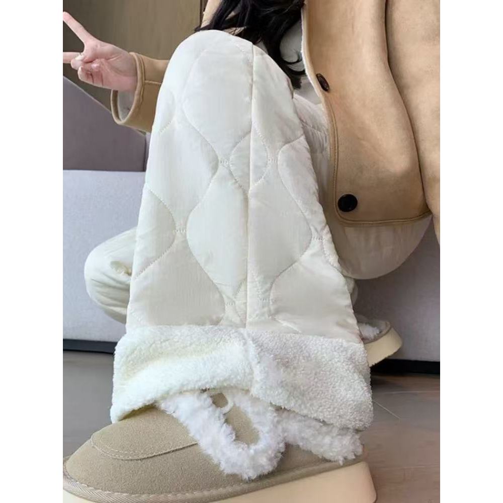 设计感秋冬季新款个性别致潮流加绒棉裤保暖防寒小众米色宽松裤子