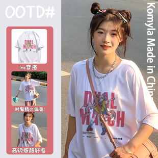 100%纯棉日系慵懒风白色短袖 美少女战士印花上衣ins t恤女夏季 新款