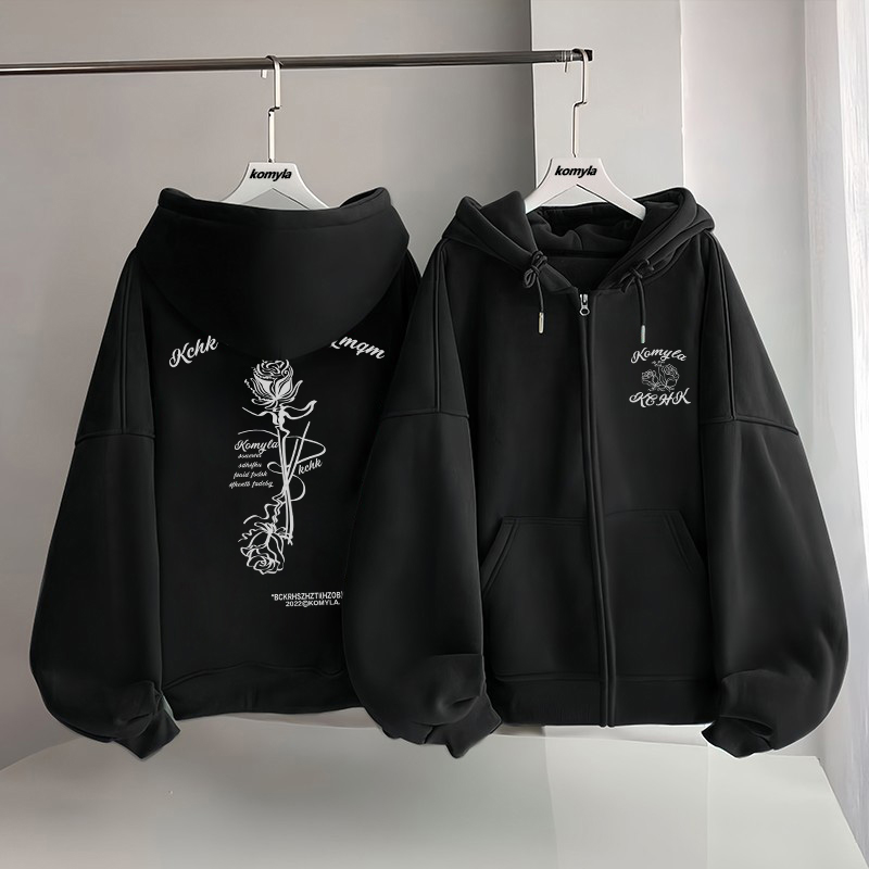 美式街头设计感创意玫瑰字母印花冬季银狐绒中长款黑色拉链外套潮