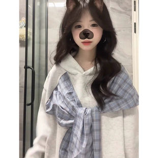 学生党韩系冬季宽松通勤设计感蝴蝶结格子绑带vibe穿搭连帽卫衣潮