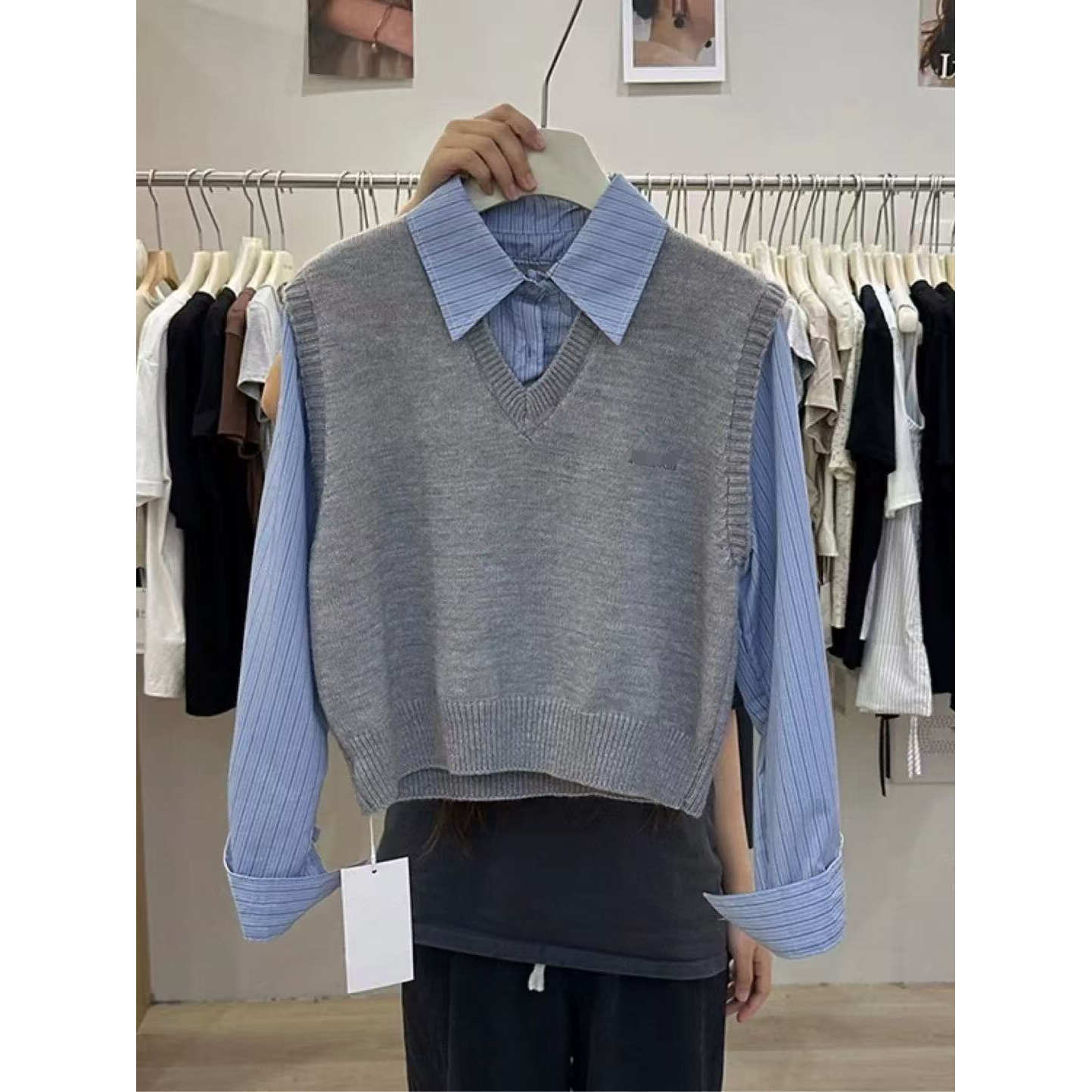 创意设计感冬季百搭宽松polo领衬衫马甲毛衣针织衫叠穿ins上衣女