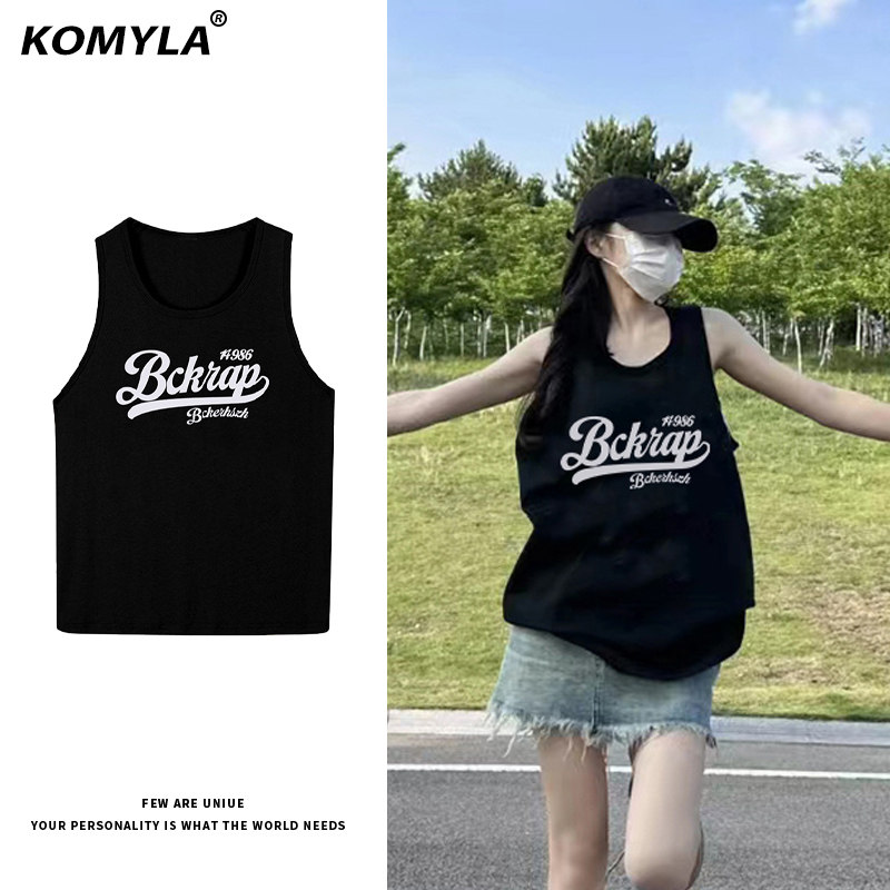 美式个性字母印花无袖背心t恤夏季中长款oversize穿搭吊带上衣服