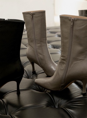 lady ww by靴子女欧美新款全真皮套筒尖头高跟短靴大象灰细跟单靴