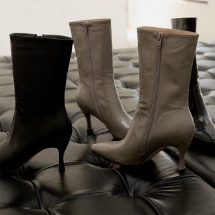 全真皮套筒尖头高跟短靴大象灰细跟单靴 by靴子女欧美新款 lady