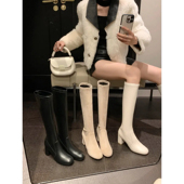 lady ww高跟长靴女2025秋冬新款 长筒靴绒面粗跟弹力瘦腿高筒靴子