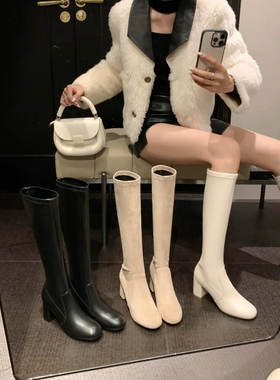 lady ww高跟长靴女2025秋冬新款长筒靴绒面粗跟弹力瘦腿高筒靴子