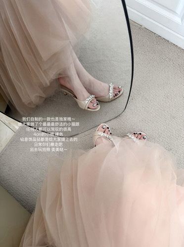 自制款法式复古圆头猫跟拖鞋女夏