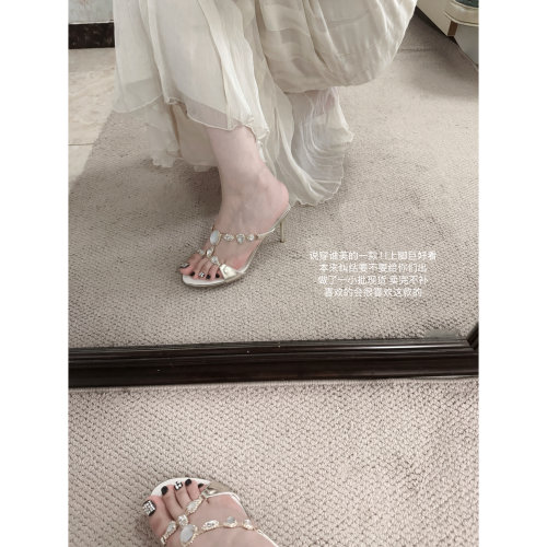 绝美r*c水钻链条性感高跟凉拖鞋