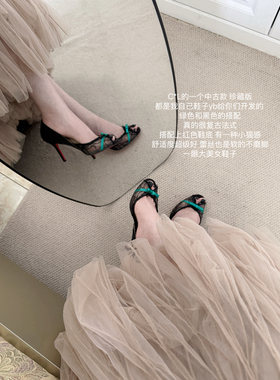 lady ww独家中古C*L红底蝴蝶结蕾丝法式鱼嘴高跟鞋女细跟性感凉鞋