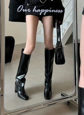 lady ww时髦精！新款小众方头粗跟真皮高筒靴显瘦高跟长靴骑士靴