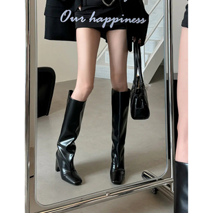 小众方头粗跟真皮高筒靴显瘦高跟长靴骑士靴 新款 lady ww时髦精