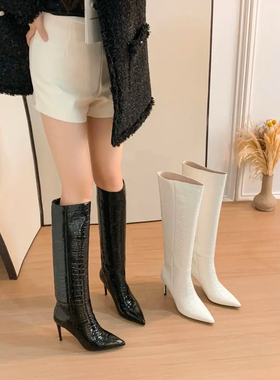 lady ww全真皮气质新款尖头细高跟女靴子鳄鱼纹长筒靴不过膝长靴