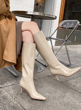 lady ww by靴子女长筒靴欧美新款全真皮尖头高跟长靴细跟骑士靴冬