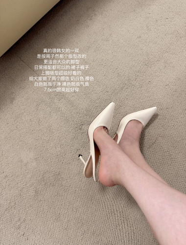 lady ww韩女法式尖头白色高跟鞋女细跟性感包头浅口凉鞋气质单鞋
