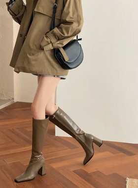 lady ww超洋气～新款ins同款气质黑色方头粗跟高筒靴女不过膝长靴