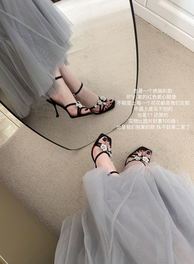 lady ww定制款r*v新款法式水钻高跟鞋女细跟性感一字带花朵凉鞋夏
