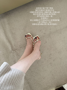一字带水钻细跟方头露趾金色凉鞋 2025新款 女夏 ww绝美高跟鞋 lady