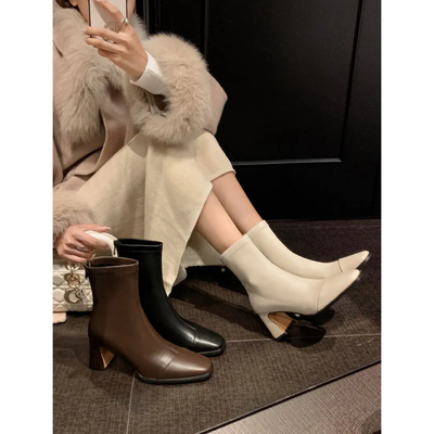 真皮弹力瘦瘦靴秋冬复古粗跟短靴