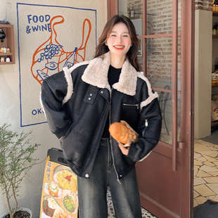 黑色皮毛一体羊羔毛外套女2025冬季新款加绒加厚保暖机车棉衣棉服