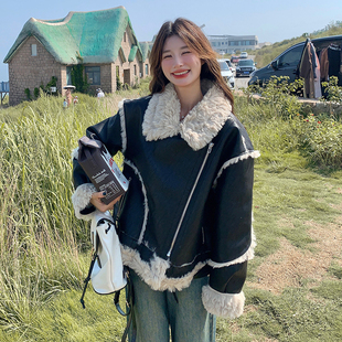 黑色皮毛一体羊羔毛外套女2025冬季新款韩系加绒加厚保暖棉衣棉服
