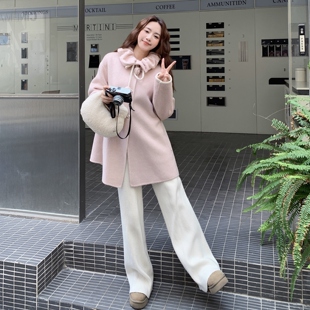 粉色双面呢毛呢外套女2025秋冬季新款韩版宽松中长款羊绒呢子大衣