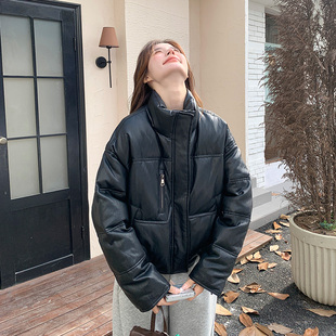 黑色皮衣羽绒服女2025冬季新款时尚洋气宽松加厚保暖立领短款外套