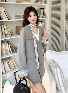 蕾丝拼接灰色西装套装女2026春秋季新款韩版西服外套半身裙两件套