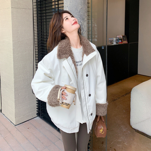 白色羊羔毛外套女冬季2025新款韩版休闲宽松加绒加厚保暖棉衣棉服